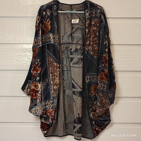 Karlie Sweaters - KARLIE WOMENS SMALL BURNOUT FLORAL ABSTRACT KIMONO BOHO SEMI SHEER ART TO WEAR